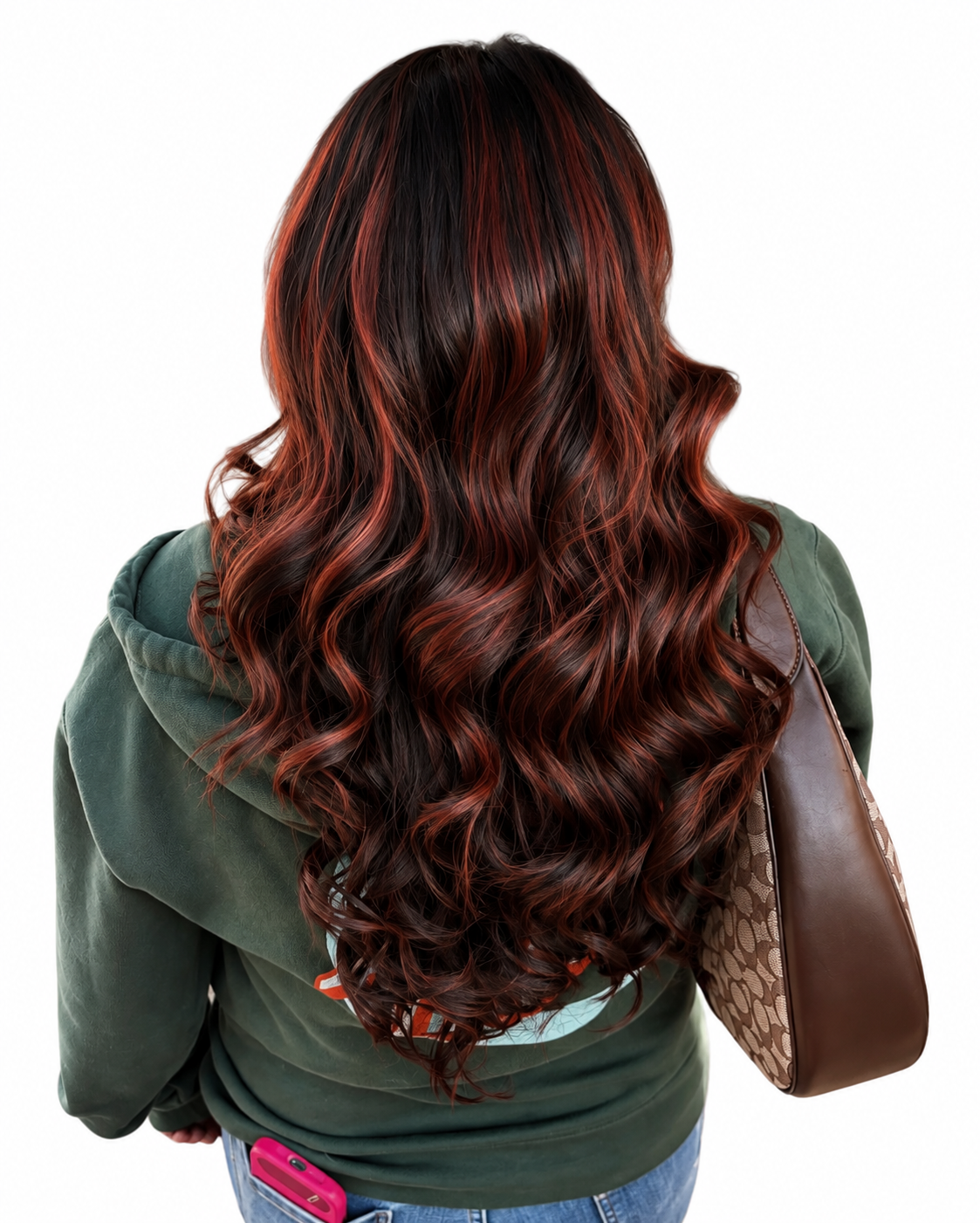 Dark hair with vivid copper red highlights and curls