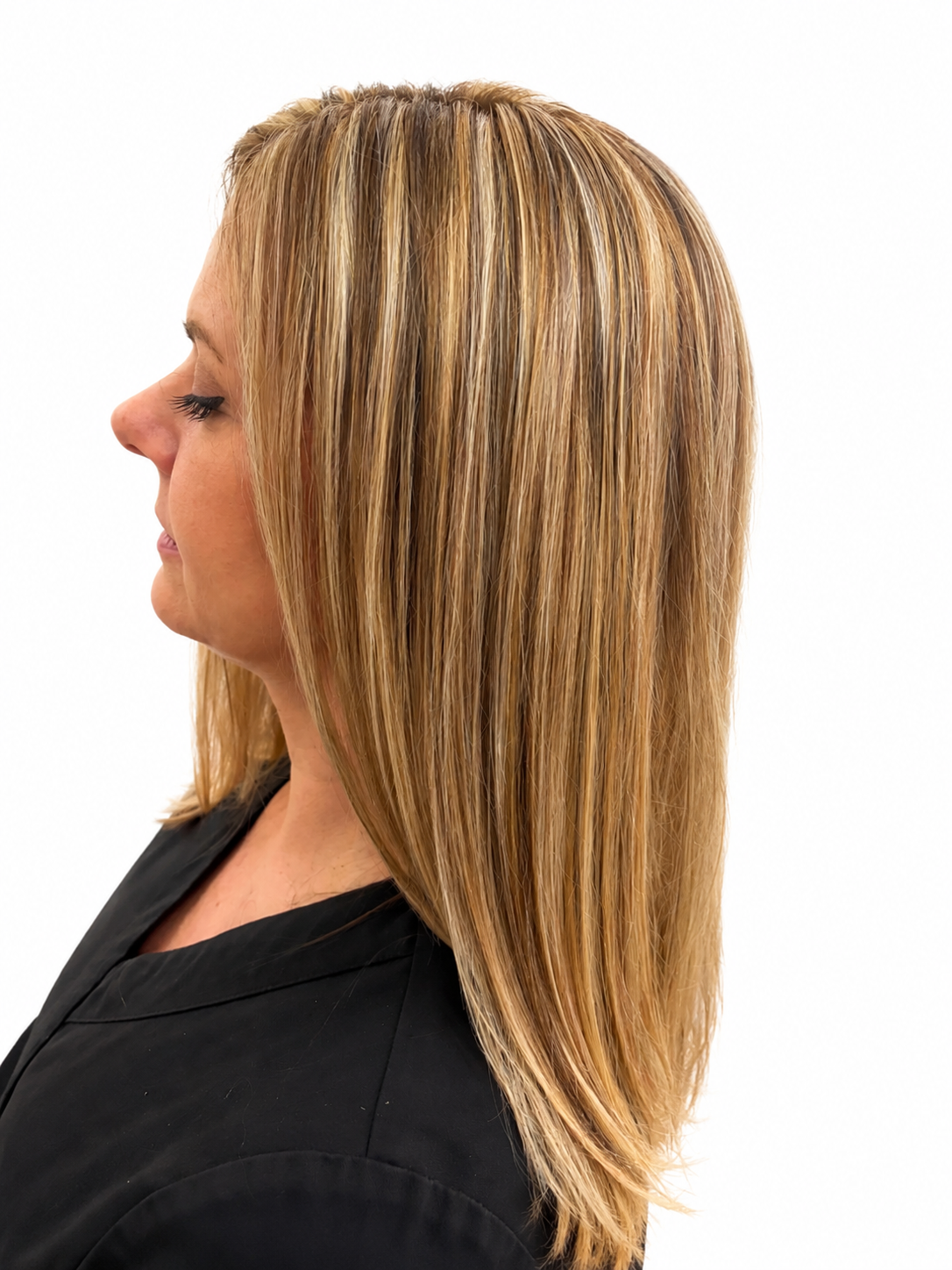 Straight blonde highlights with a sleek finish